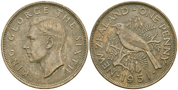 Новая Зеландия 1 пенни 1951 Птица Туи, Король Георг VI (1937 - 1952) KM 21 бронза 4536-334