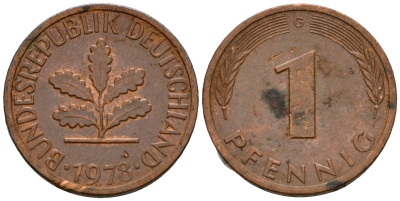 ФРГ 1 пфенниг 1978 G KM 105, J.380 сталь плакированная медью 4602-266