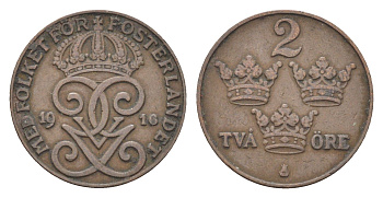 Швеция 2 эре 1916 Густав V (1907-1950) KM 778 бронза 4702-1036