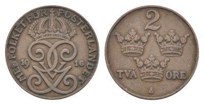 Швеция 2 эре 1916 Густав V (1907-1950) KM 778 бронза 4702-1036