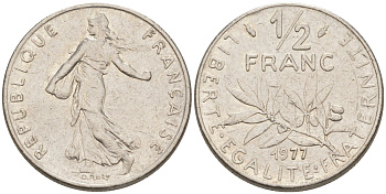 Франция 1/2 франка 1977 сеятель KM 931.1, LE FRANC 198.16 никель 55-357