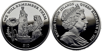 Британские Виргинские острова 10 долларов 2014 в память героев первой мировой войны, памятник KM NEW серебро  PROOF  1071-1-13