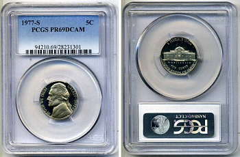 США 5 центов 1977 S, президент Джеферсон, в слабе PCGS PR69CAM KM А192 медно-никель PROOF 15-002-19