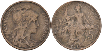 Франция 5 сантимов 1908 тип Даниэль Дюпюи KM 842, Le Franc 119.19 бронза 4126-627