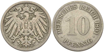 ГЕРМАНИЯ 10 ПФЕННИГОВ 1891 E KM 12, J. 13 медно-никель 4401-925
