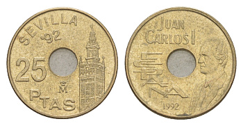 Испания 25 песет 1992 Expo'92 Sevilla, Король Хуан Карлос I KM 904 алюминиевая бронза 4623-1263