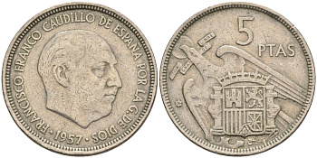 Испания 5 песет 1957 (59) Франсиско Франко (1939 - 1975) KM 786 медно-никель 4155-527