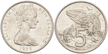 Новая Зеландия 5 центов 1978 Елизавета II (1952-2022), ящерица гаттерия KM 34.1 медно-никель 186-527