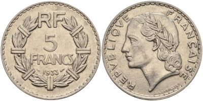 Франция 5 франков 1933 KM 888 никель 4144-345