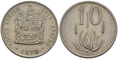 ЮАР 10 ЦЕНТОВ 1978 ГЕРБ, ЦВЕТОК АЛОЭ KM 85 никель 67-421