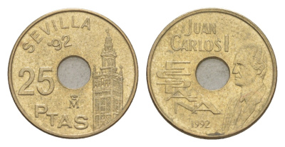 Испания 25 песет 1992 Expo'92 Sevilla, Король Хуан Карлос I KM 904 алюминиевая бронза 4623-1263