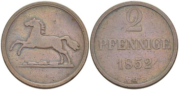 БРАУНШВЕЙГ-ВОЛЬФЕНБЮТТЕЛЬ 2 ПФЕННИГА 1852 В, ВИЛЬГЕЛЬМ (1831-1884) KM 1143 медь 210-153