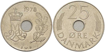 ДАНИЯ 25 ЭРЕ 1978 S; B, МАРГРЕТЕ II (1972-) KM 861.1 медно-никель 94-744