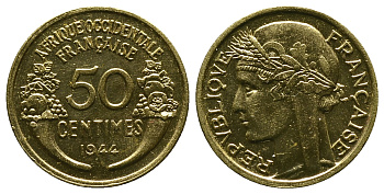 Французская Западная Африка 50 сантимов 1944 редкая KM 1, Lec 1 алюминиевая бронза aUNC 4381-934