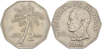 ФИЛИППИНЫ 2 ПИСО 1990 КОКОСОВАЯ ПАЛЬМА, АНДРЕС БОНИФАСИО KM 244 медно-никель 4542-915