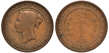 Цейлон 5 центов 1870 Виктория (1837-1901) KM 93 медь 71-1313