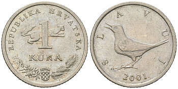 Хорватия 1 куна 2001 западный соловей, легенда на хорватском KM 9.1 медь цинк никель 4448-716