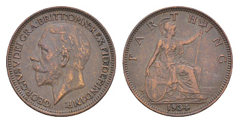 Великобритания 1 фартинг 1934 Георг V (1910-1936) KM 825, Spink 4061 бронза 3718-119