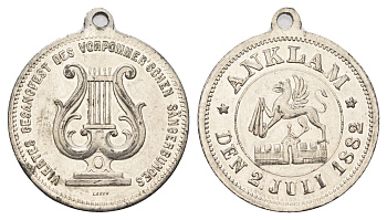 Германия медаль в память о певческом фестивале в Анкламе 1882 музыка, лира, диаметр 27 мм, вес 5,8 гр белый металл 1515-1235