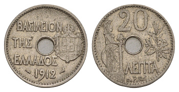 Греция 20 лепт 1912 Георг I (1863-1913), Афина KM 64 никель 4654-1121