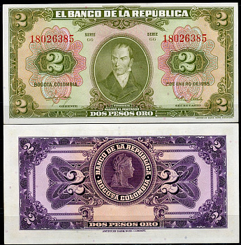 Колумбия 2 песо 1955 Камило Торрес Тенорио, свобода Pick 390 d  бумага  UNC (пресс) 451-803-1