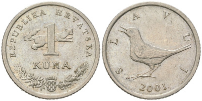 Хорватия 1 куна 2001 западный соловей, легенда на хорватском KM 9.1 медь цинк никель 4448-716