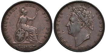 Великобритания 1 фартинг 1830 Георг IV (1820-1830) KM 697, Spink 3825 медь 603-343