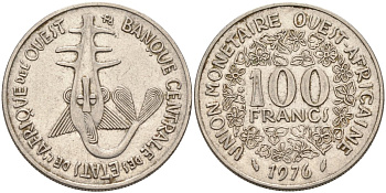 Валютный Союз стран Западной Африки 100 франков 1976 KM 4 никель 4575-1147