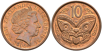 Новая Зеландия 10 центов 2006 Елизавета II (1952-2022), маска маори KM 117а сталь плакированная медью 106-932