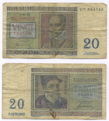 Бельгия 20 франков 1950 Орландо ди Лассо, Филипп де Монте Pick 132 a бумага 7457-48-2-1