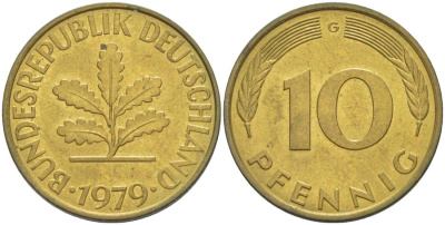 ФРГ 10 ПФЕННИГОВ 1979 G KM 108, J. 383 сталь плакированная латунью 219-527