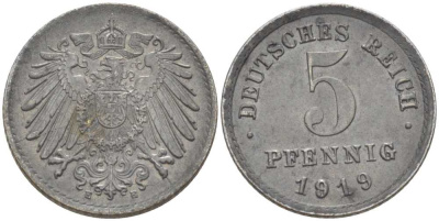 ГЕРМАНИЯ 5 ПФЕННИГОВ 1919 E KM 19, J. 297, Weege 5 железо 206-723