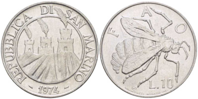 Сан-Марино 10 лир 1974 ФАО, пчела KM 33 алюминий UNC M66-05