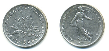 ФРАНЦИЯ 1 ФРАНК 1966 СЕЯТЕЛЬ KM 925.1 никель 57-134