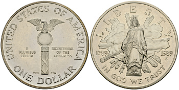 США 1 доллар 1989 S, 200 лет Конгрессу США, в оригинальной коробке KM 225 серебро PROOF 00-000-00