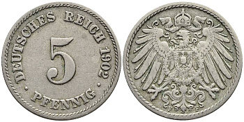 ГЕРМАНИЯ 5 ПФЕННИГОВ 1902 F KM 11, Jager 12, Weege 6 медно-никель 4547-426