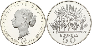 Гаити 50 гурдов 1981 50 лет FAO, голова женщины KM 149 серебро PROOF 1066-1-24-M16-13