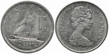 Канада 10 центов 1975 Елизавета II (1952-2022), парусник KM 77.1 никель 112-435