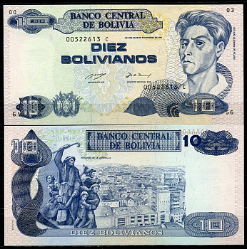 Боливия 10 боливиано 1986 (1993) серия C, Сесилио Гусман де Рохас, FNMT Pick 210 a  бумага  UNC (пресс) 451-777-2