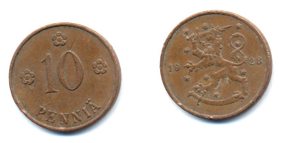 Финляндия 10 пенни 1928 республика (1918-1962) KM 24 медь 46-1631
