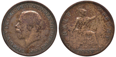 Великобритания 1/2 пенни 1935 Георг V (1910-1936) KM 837, Spink 4058 бронза 4122-745