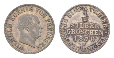 Пруссия 1/2 серебряных гроша 1870 B, Вильгельм I (1861-1888) KM 484 серебро 4655-633