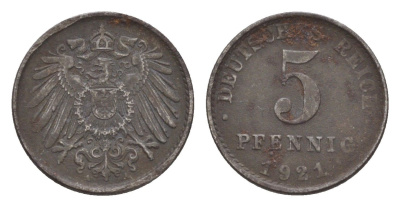 Германия 5 пфеннигов 1921 A KM 19, J. 297, Weege 5 железо плакированное цинком 4640-167