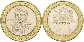 Чили 100 песо 2008 индейцы Мапуче KM 236 биметалл 4541-122