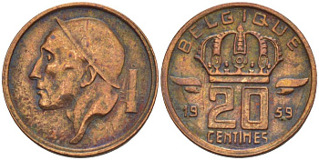 БЕЛЬГИЯ 20 САНТИМОВ 1959 BELGIQUE KM 146 бронза 4528-918