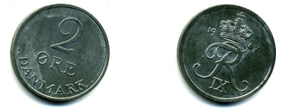 ДАНИЯ 2 ЭРЕ 1967 C; S, ФРЕДЕРИК IX (1947-1972) KM 840.2 цинк UNC 46-122