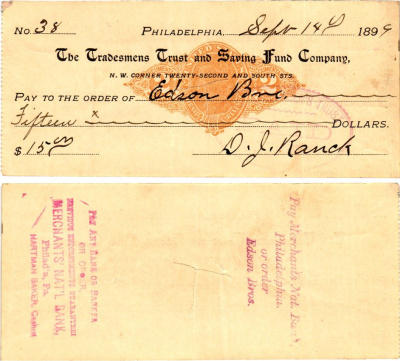 США чек на 15 долларов 1899 Филадельфия бумага 3295-36-1-2