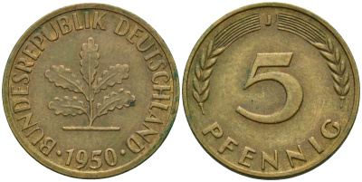 ФРГ 5 пфеннигов 1950 J KM 107, J.382 сталь плакированная латунью 4364-1547