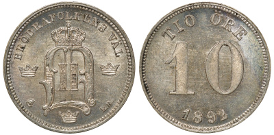 Швеция 10 эре 1892 EB, Оскар II (1872-1907) король Швеции и Норвегии KM 755 серебро aUNC 4179-635