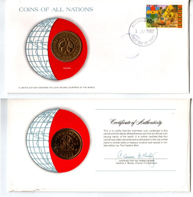 Гана 50 песев 1979 год-тип, конверт с маркой первого дня гашения, Coins of Nations KM 18 алюминиевая бронза UNC 4295-14-2